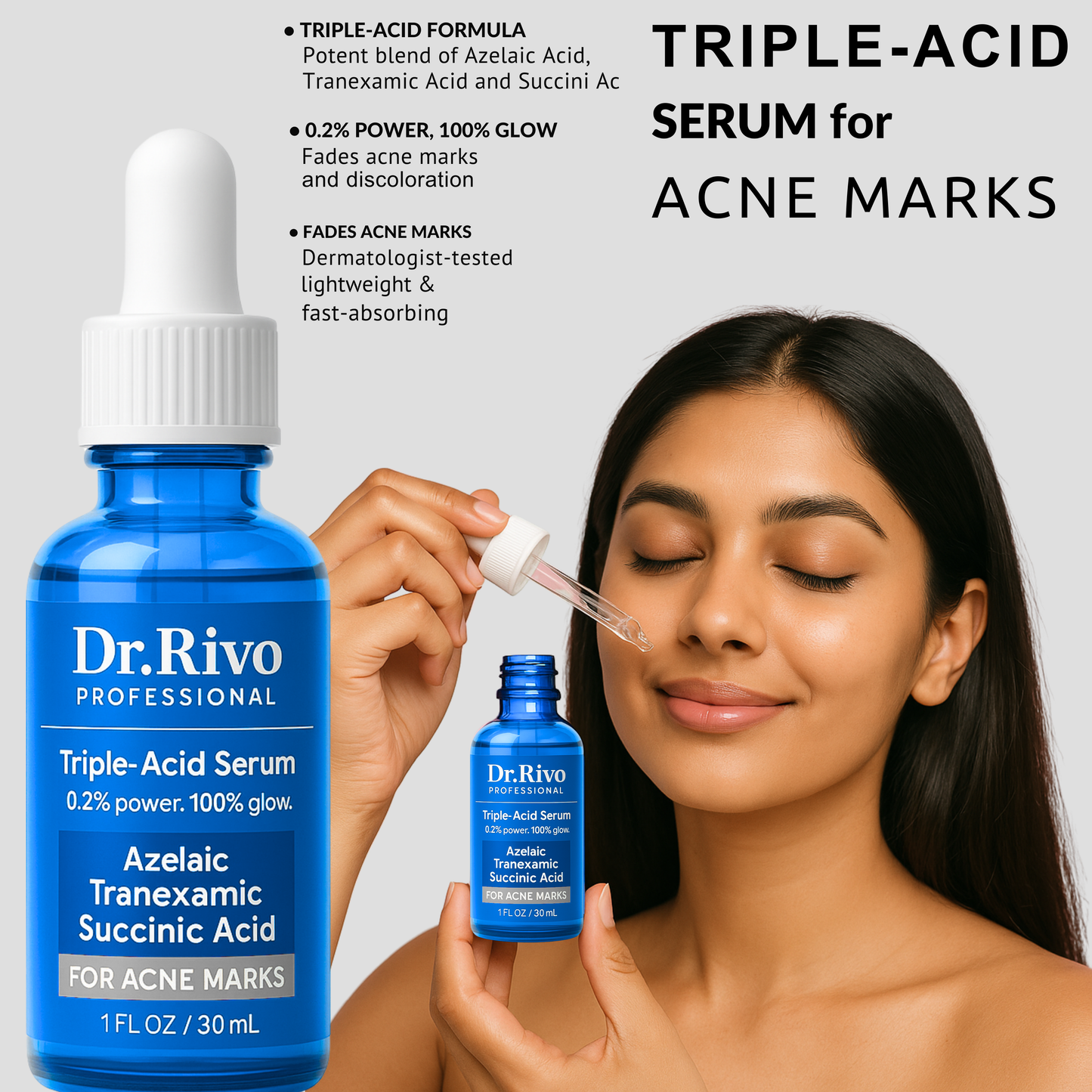 Triple-Acid Face Serum – Fades acne marks, brightens skin & boosts glow. 0.2% active formula. Gentle, effective & fast-absorbing.